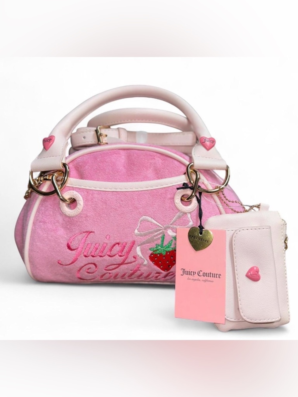 Juicy Couture Pink Velvet Satchel with Strawberry Embroidery